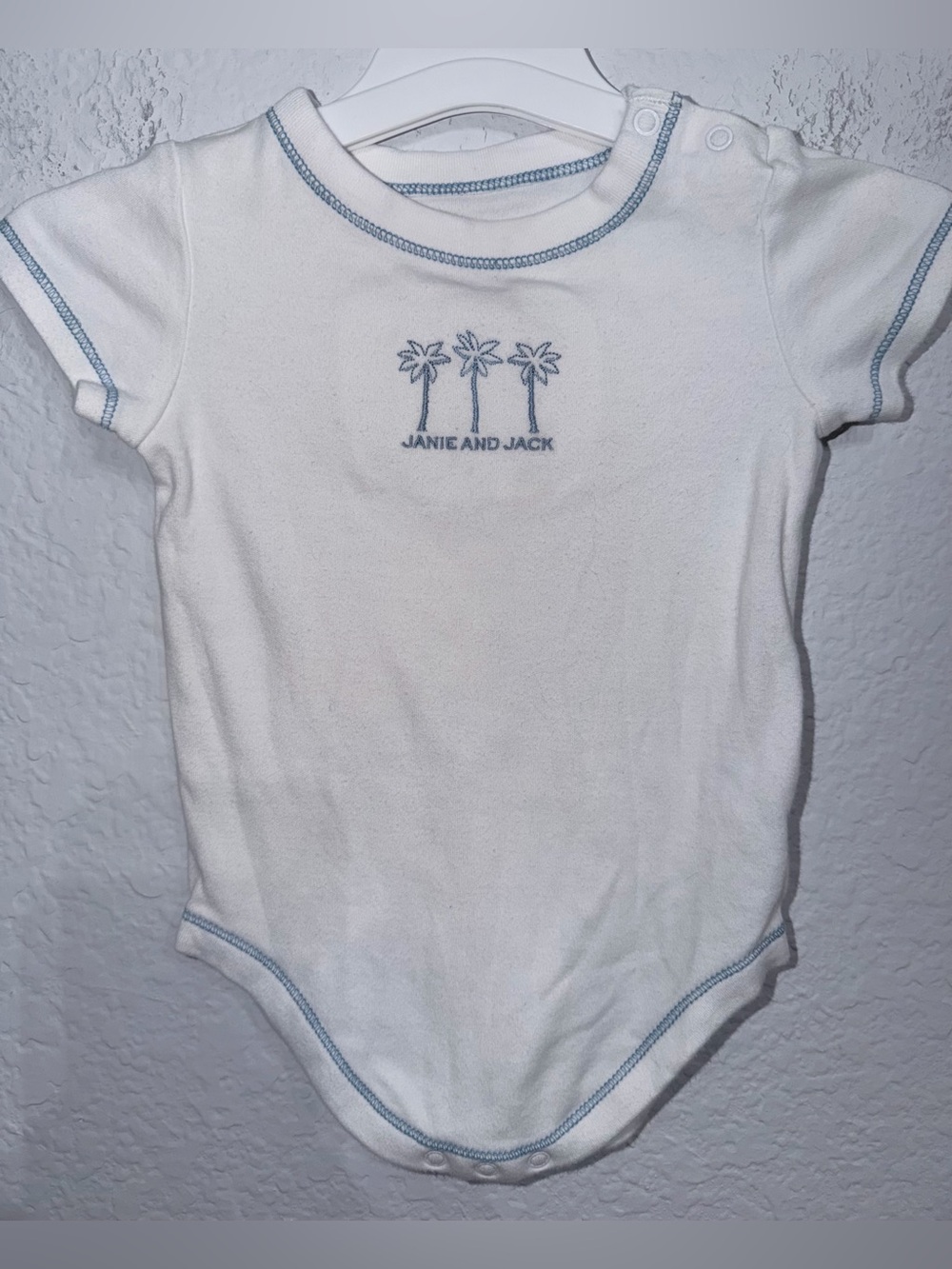 Janie and Jack Onsie - Light Blue Trim and Palm Tree Embroidery. Size 3-6M